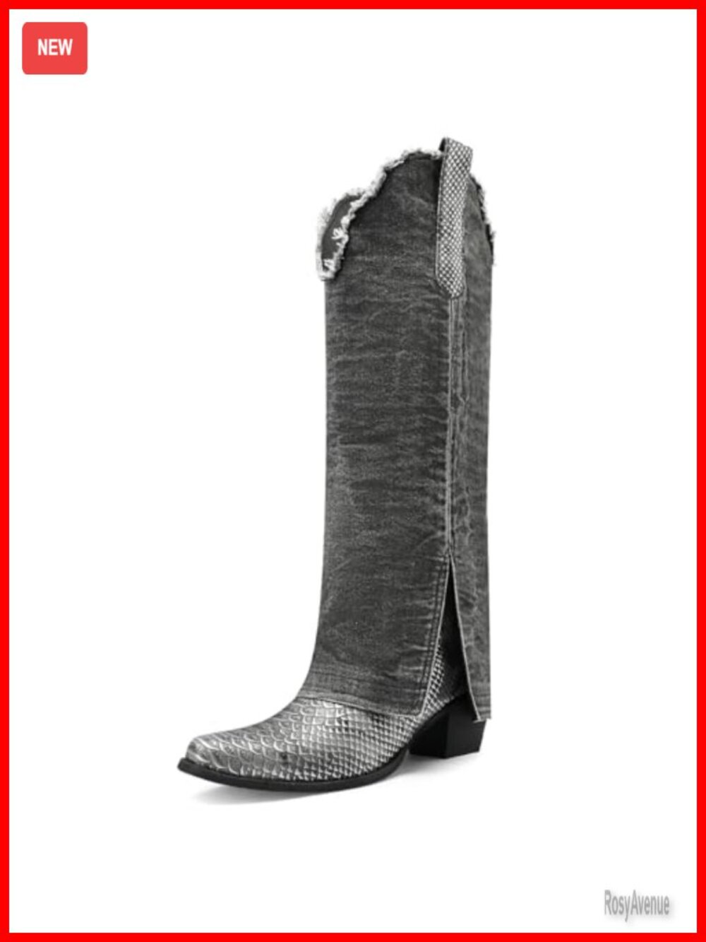 Denim Knee High Cowboy Boots Pointed Toe Block Heel Pull On Western